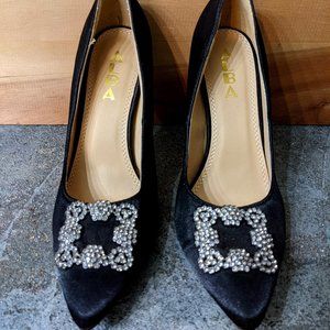 Black satin ALBA heels with rhinestone accent
